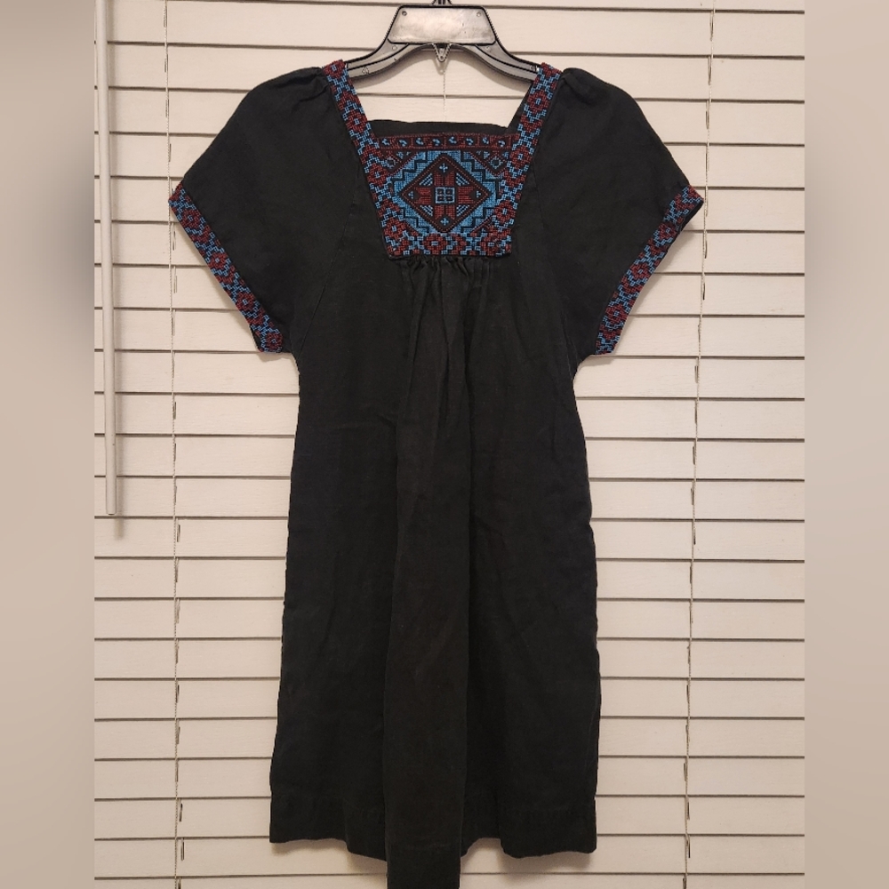 Madewell Black Linen Dress with Blue and Red Embroidery Size XXS